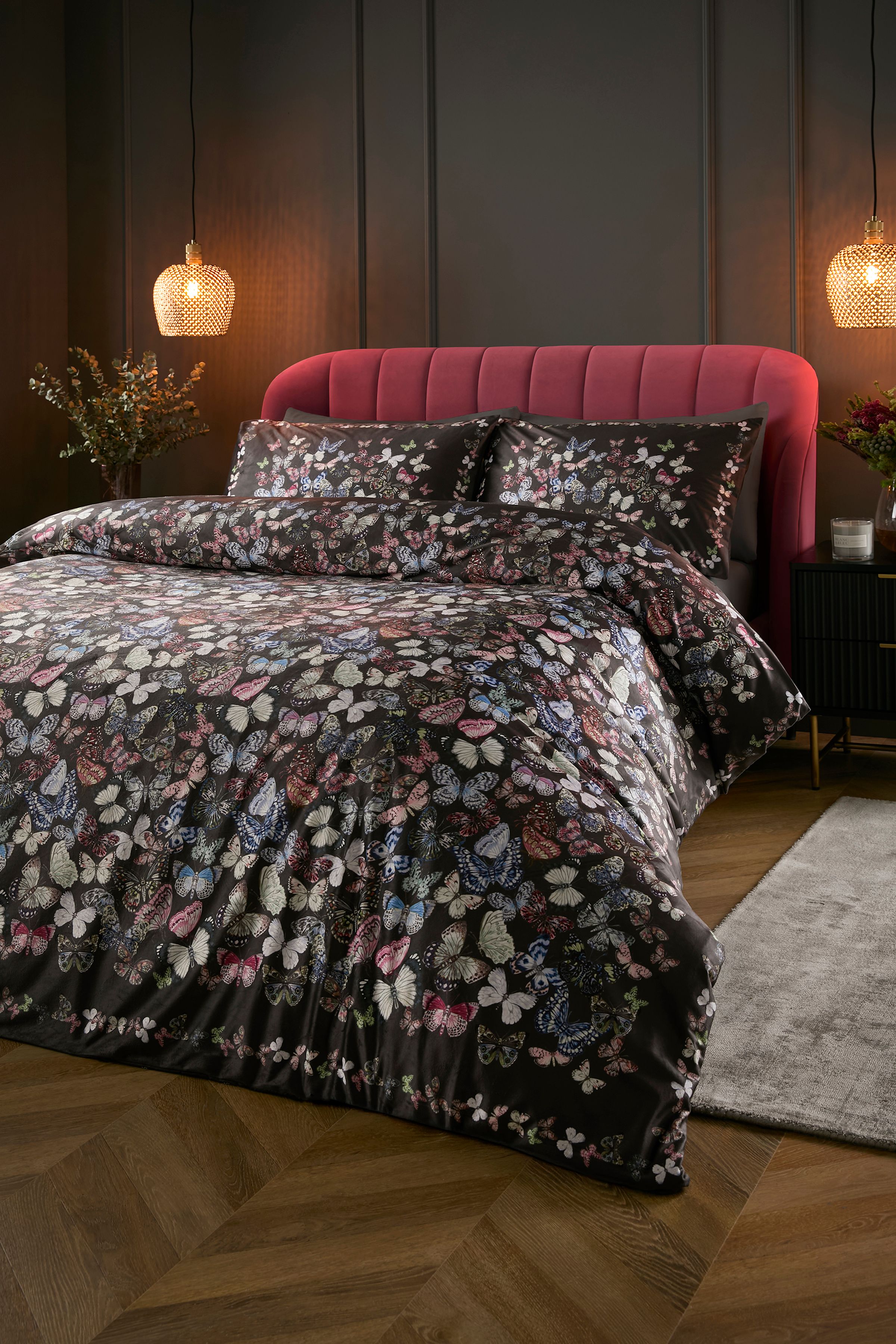 Soiree 'Papillon' Butterfly Print Velvet Duvet Cover Set in Charcoal