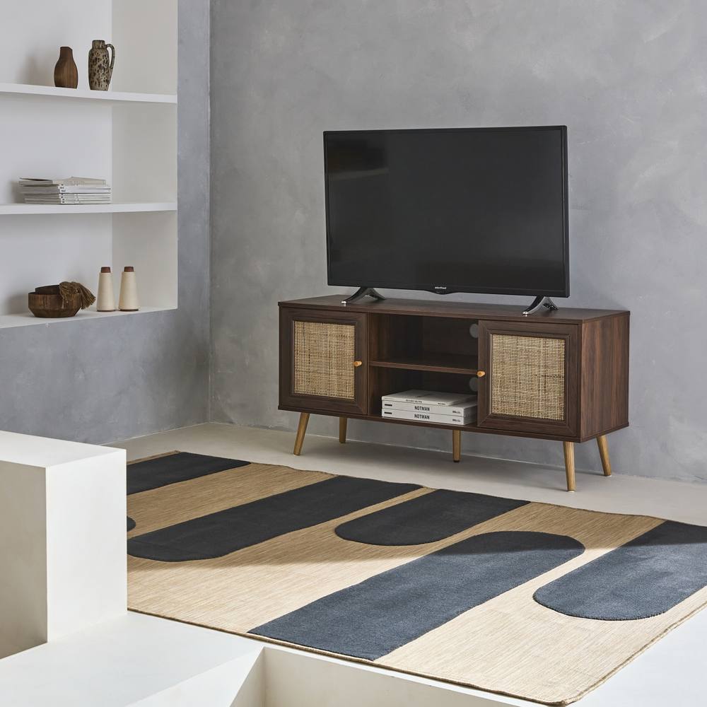 sweeek 120cm Tv Unit Wooden & Cane Effect 2 Doors in Dark Brown
