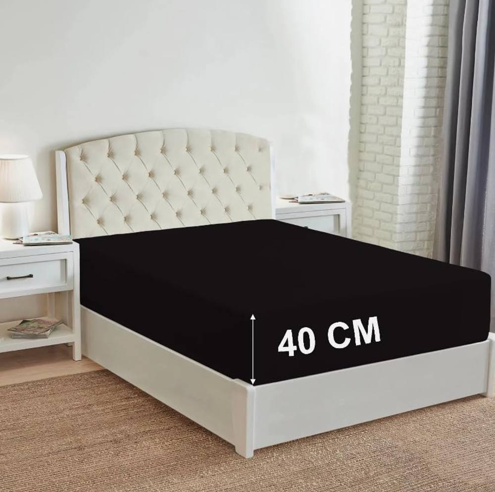 Homes-Linen 180 Thread Count 16"/40cm Extra Deep Non Iron Fitted Sheet in Black