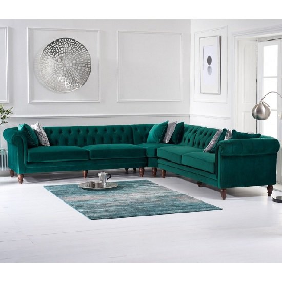 Candila Modern Fabric Corner Sofa In Green Velvet