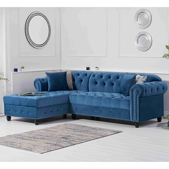 Bicasto Velvet Left Handed Chaise Corner Sofa In Blue