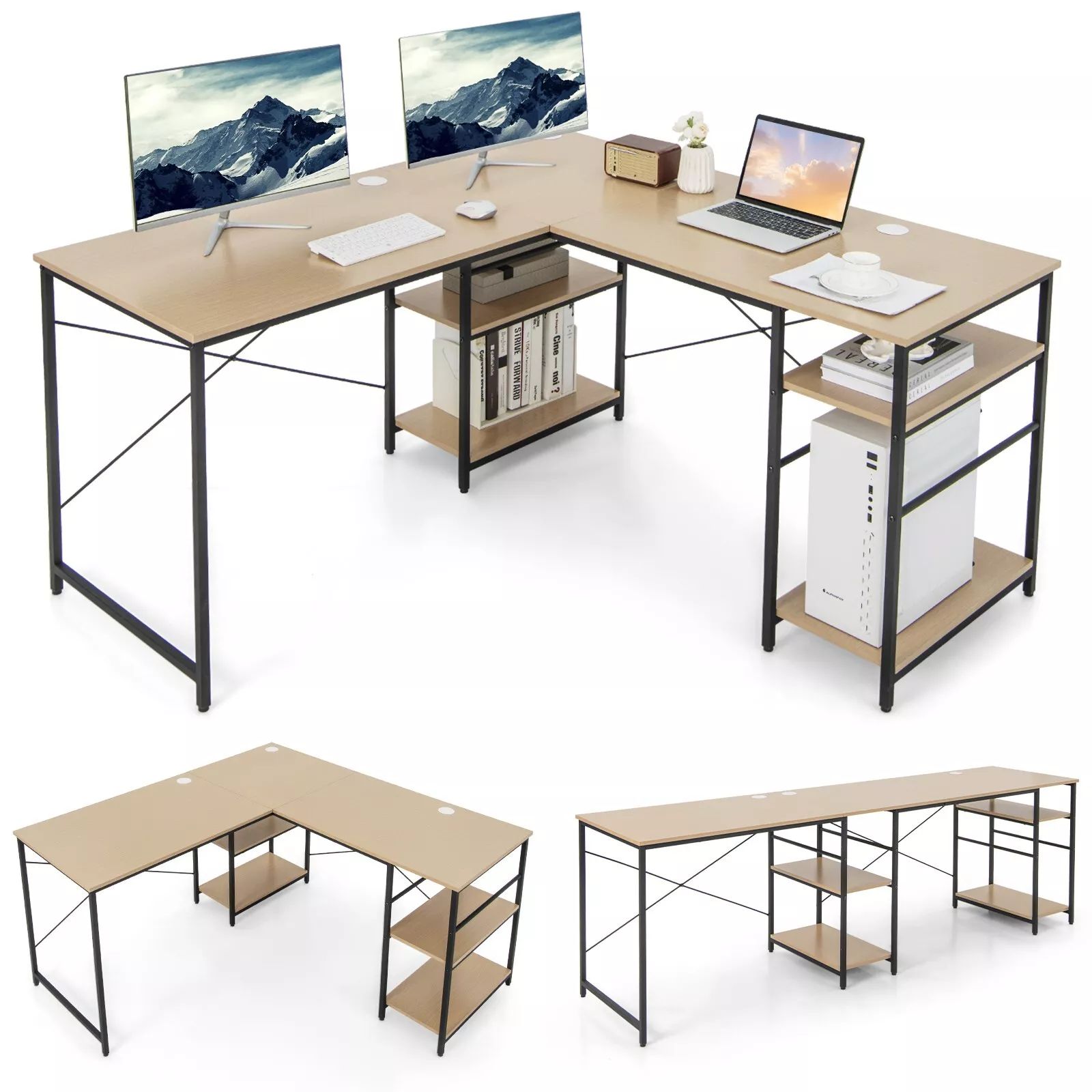 Costway L-Shaped Corner Computer Desk Study Writing Desk Workstation w/ Storage Shelf in Natural