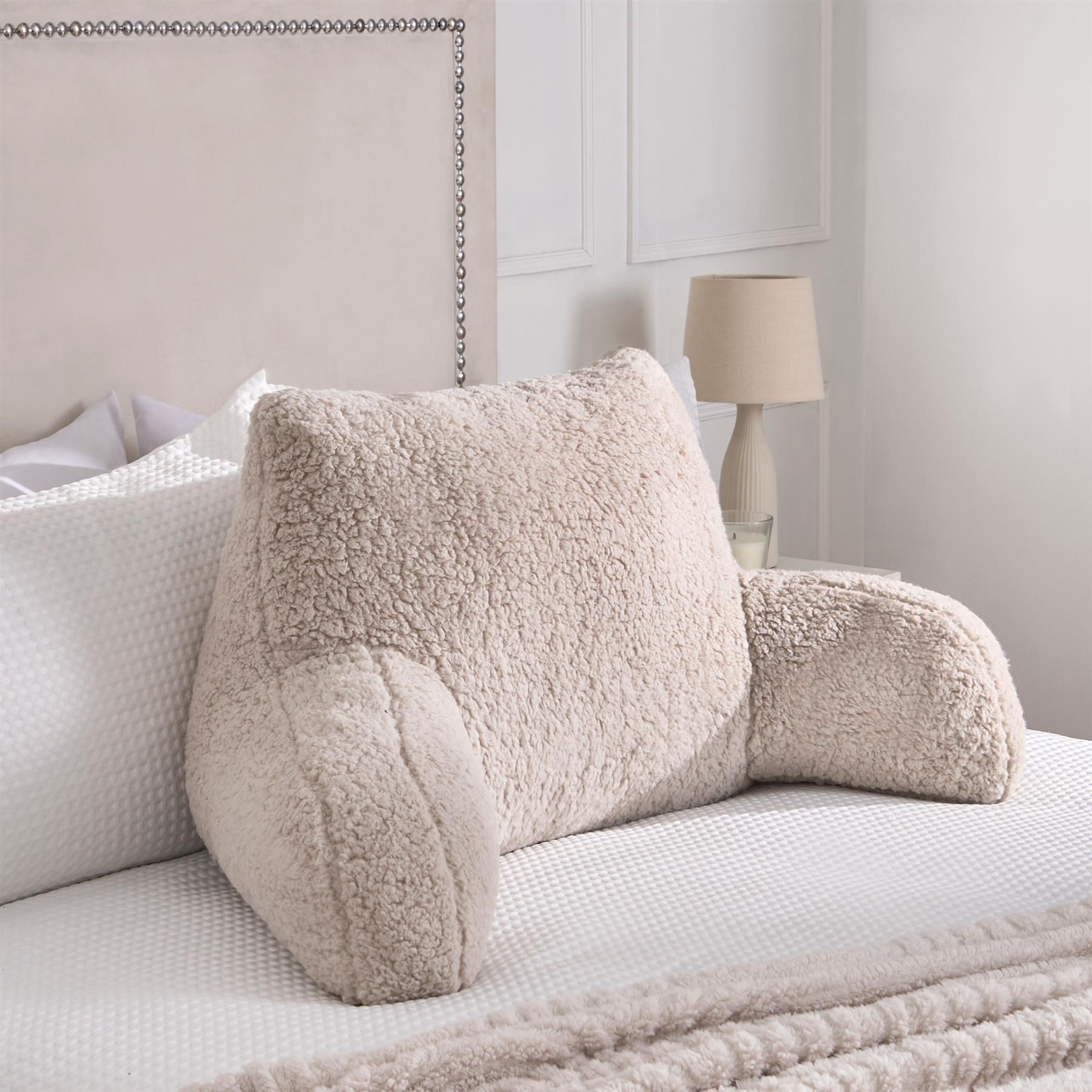 OHS Teddy Fleece Bed Reading Cushion Pillow with Arms Lumbar Support in Natural