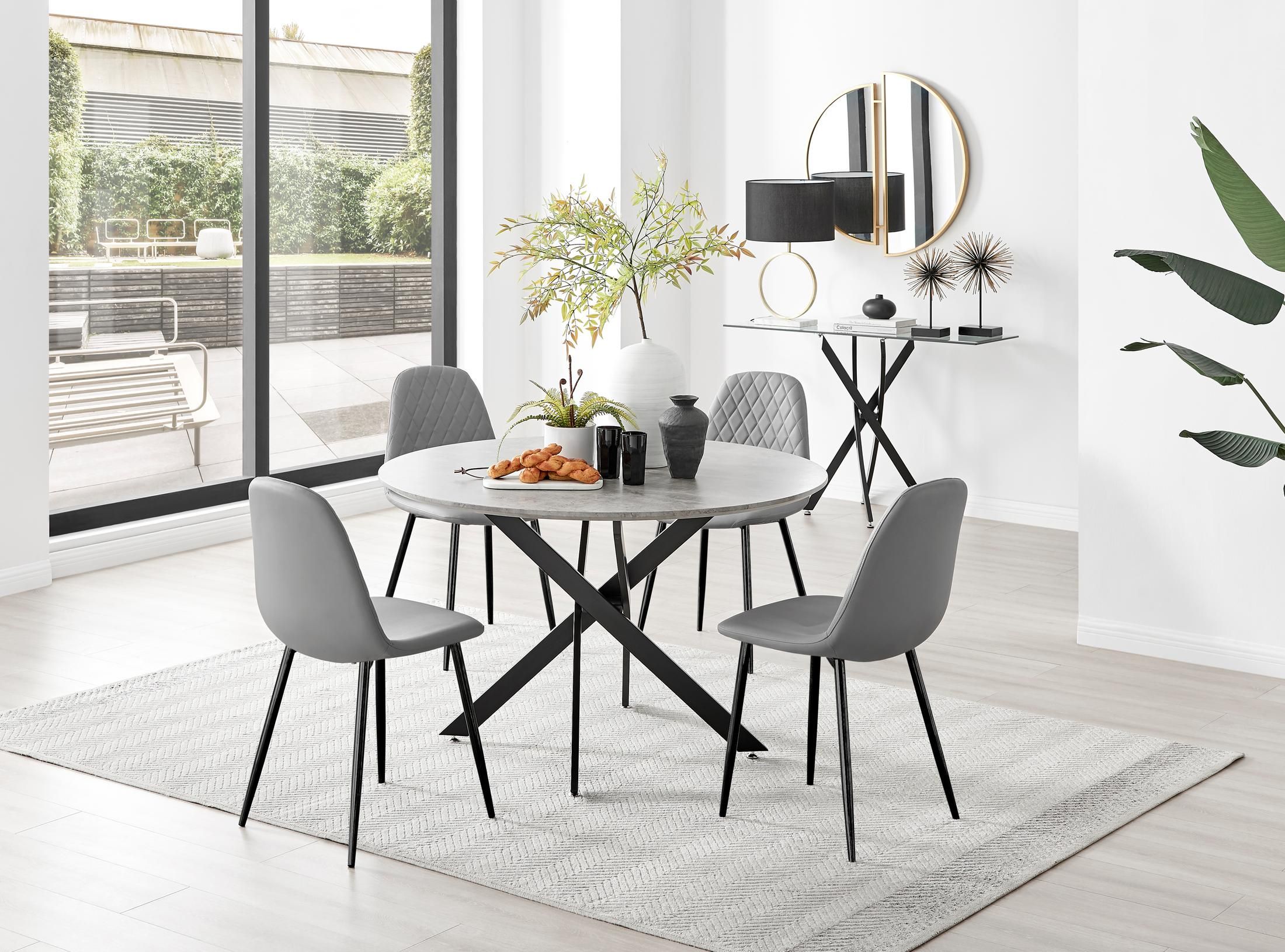 FurnitureboxUK Novara Grey Concrete Effect Black Leg 120cm Round Dining Table & 4 Corona Black Leg Chairs