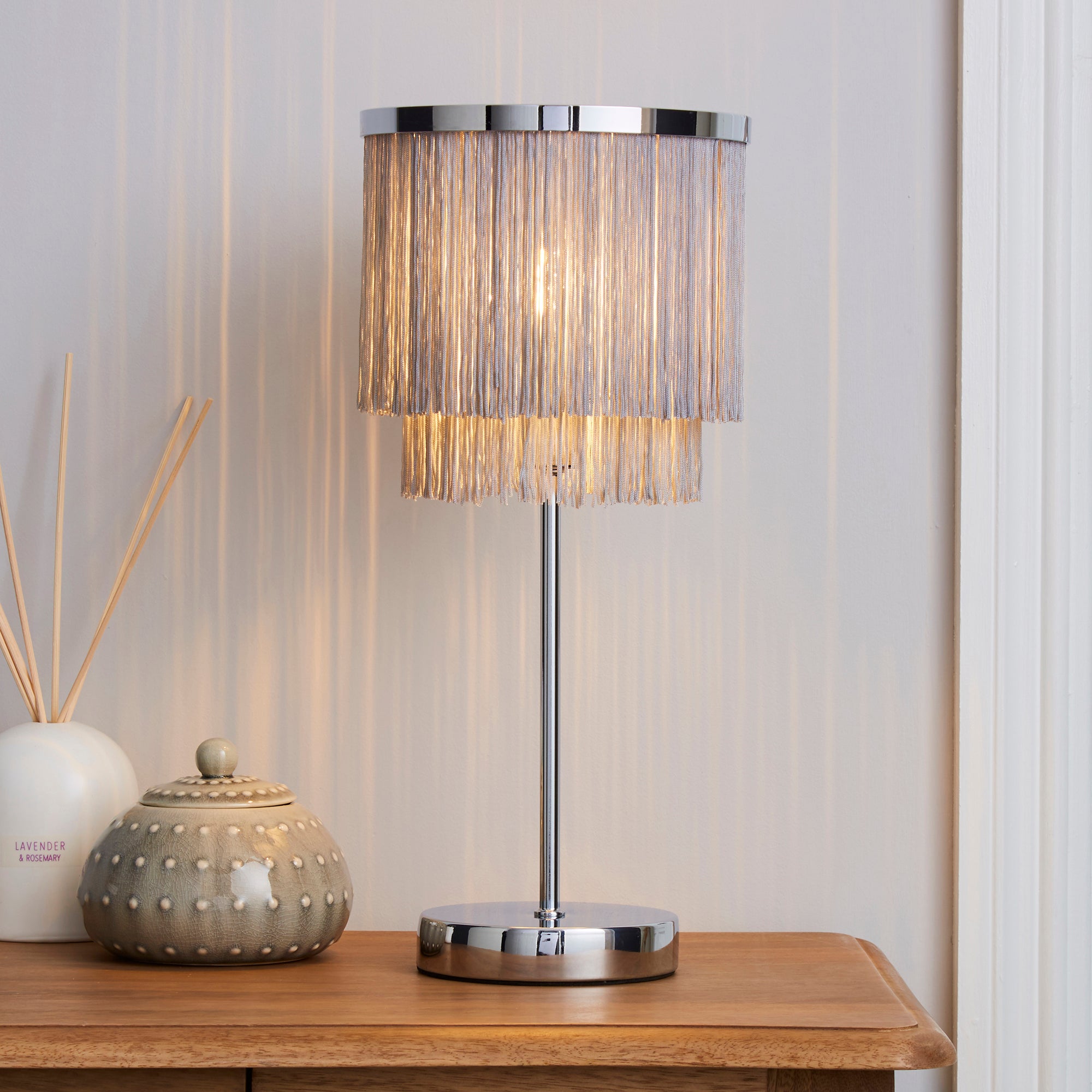 Jaz Fringe Grey Table Lamp Grey and Silver