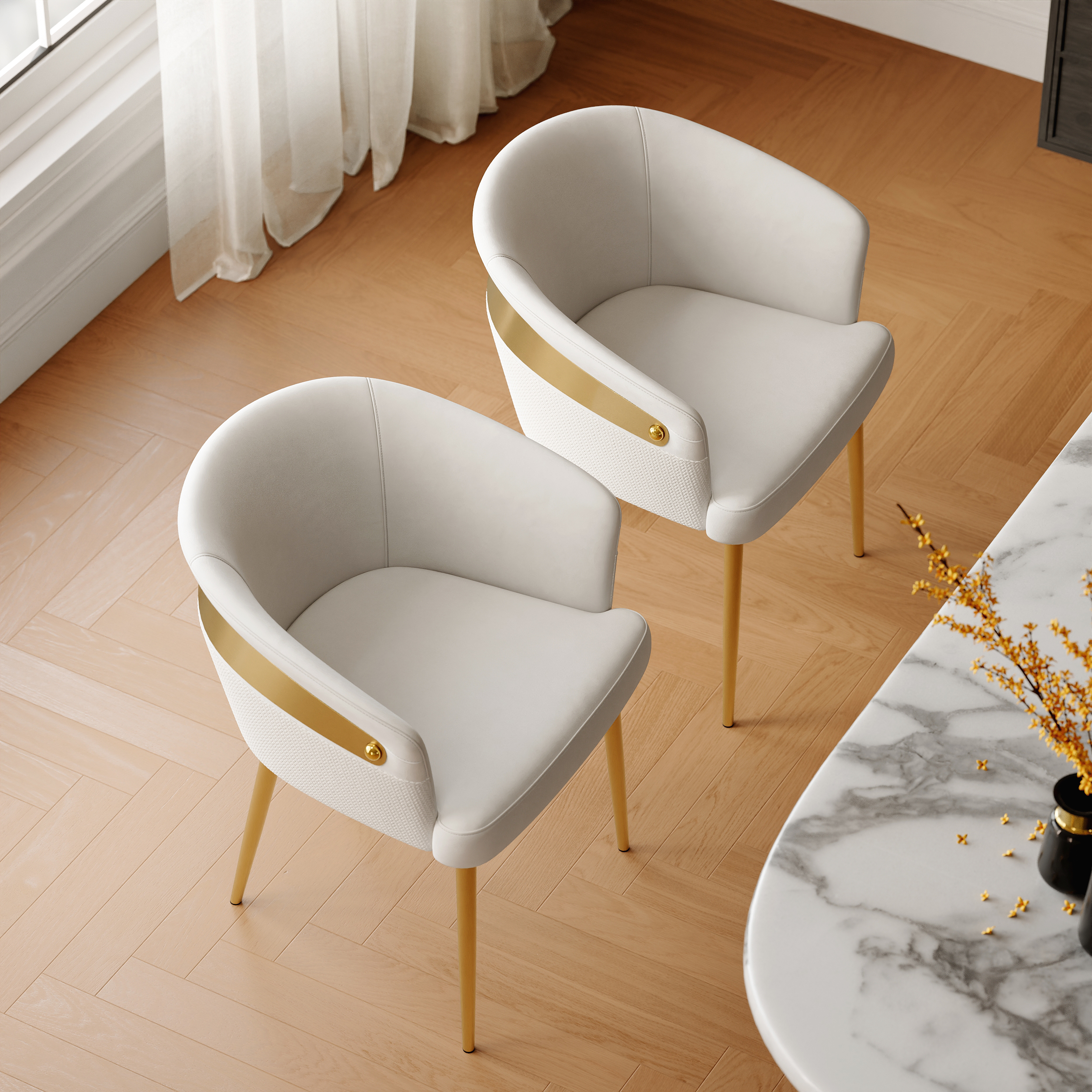 Modern 2-Pieces White PU Leather Dining Chair Curved Back with Gold Legs