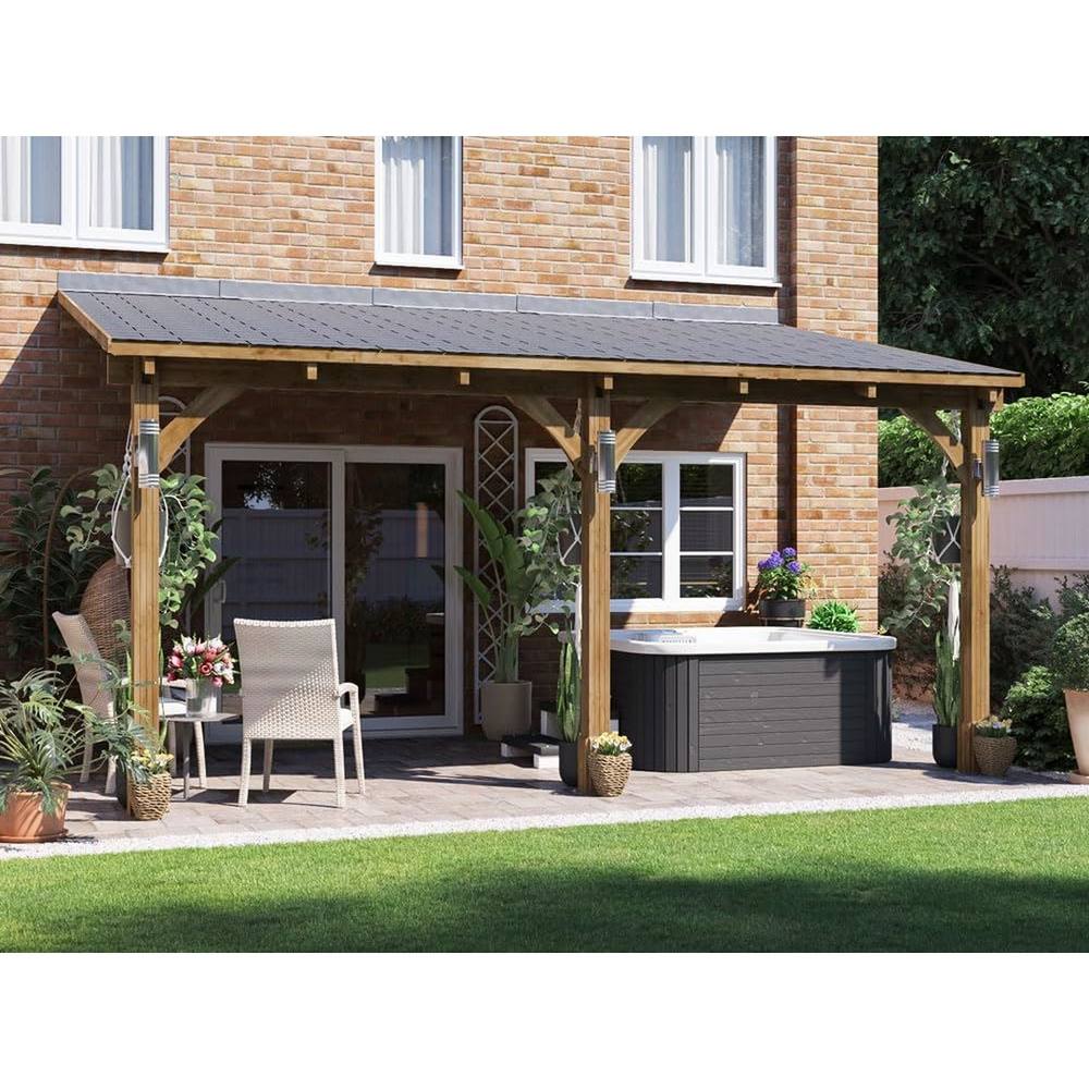 Dunster House Lean To Wooden Gazebo Canopy with Shingles 5m x 3m - Leviathan in Brown