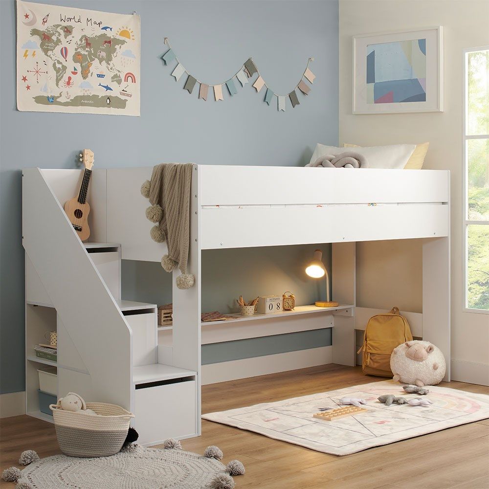 Flair Olivia Mid Sleeper Bed with Shelves & Storage Stairs in White