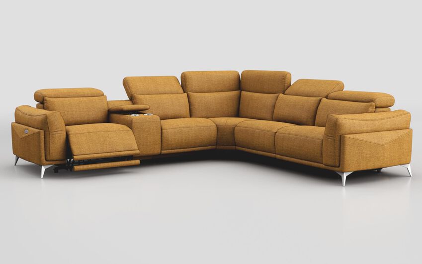 Yellow Fabric Gattolino 2 Corner 1 Power Recliner Sofa with Manual Head Tilt & Console