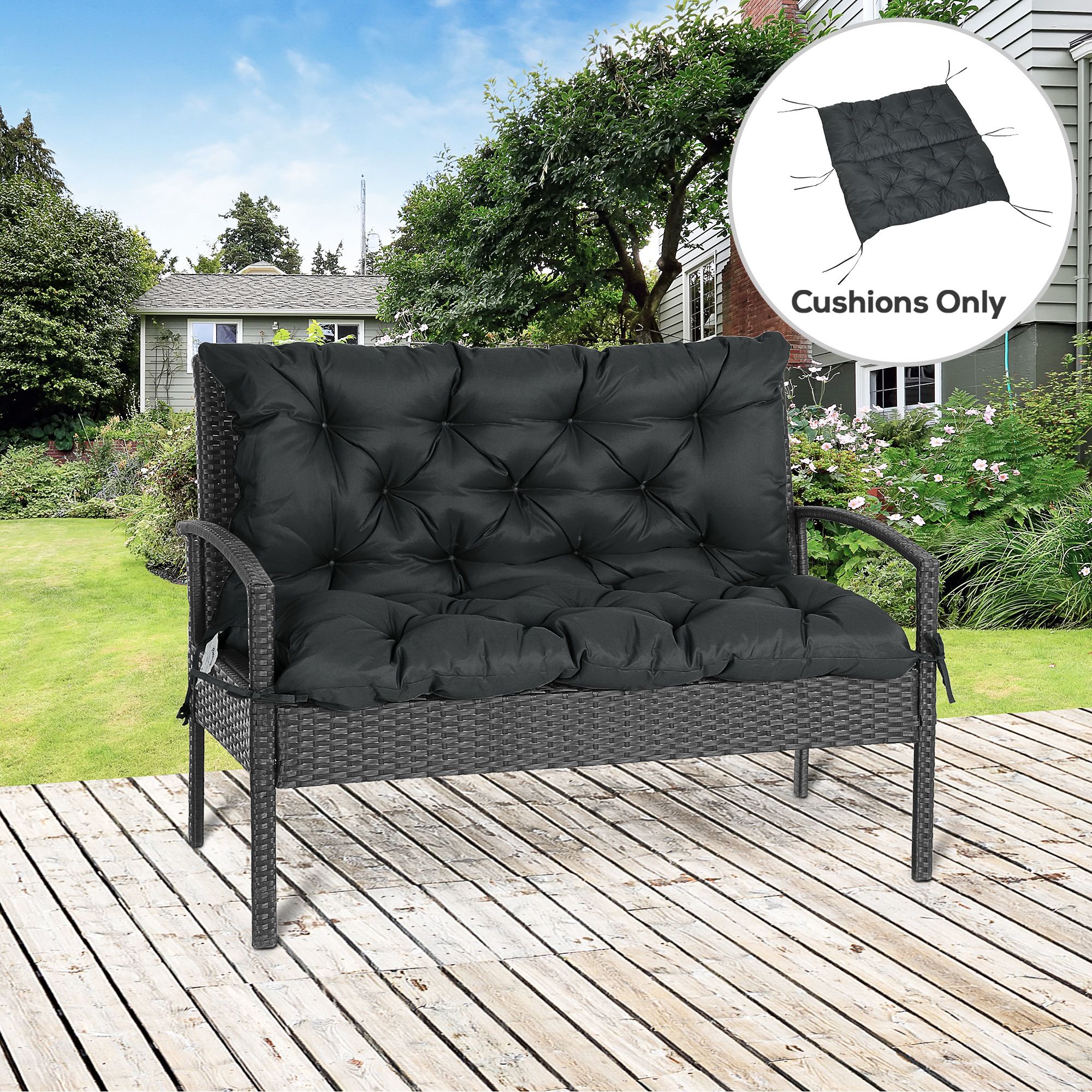 OUTSUNNY 2 Seater Garden Bench Cushion Outdoor Seat Pad with Ties in Black