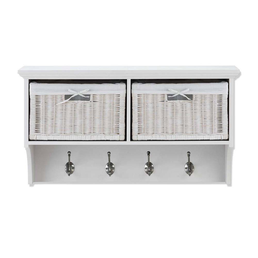 Statement Furniture Tetbury Small Hallway Coat Rack / Shelf with Wicker Storage Baskets in White