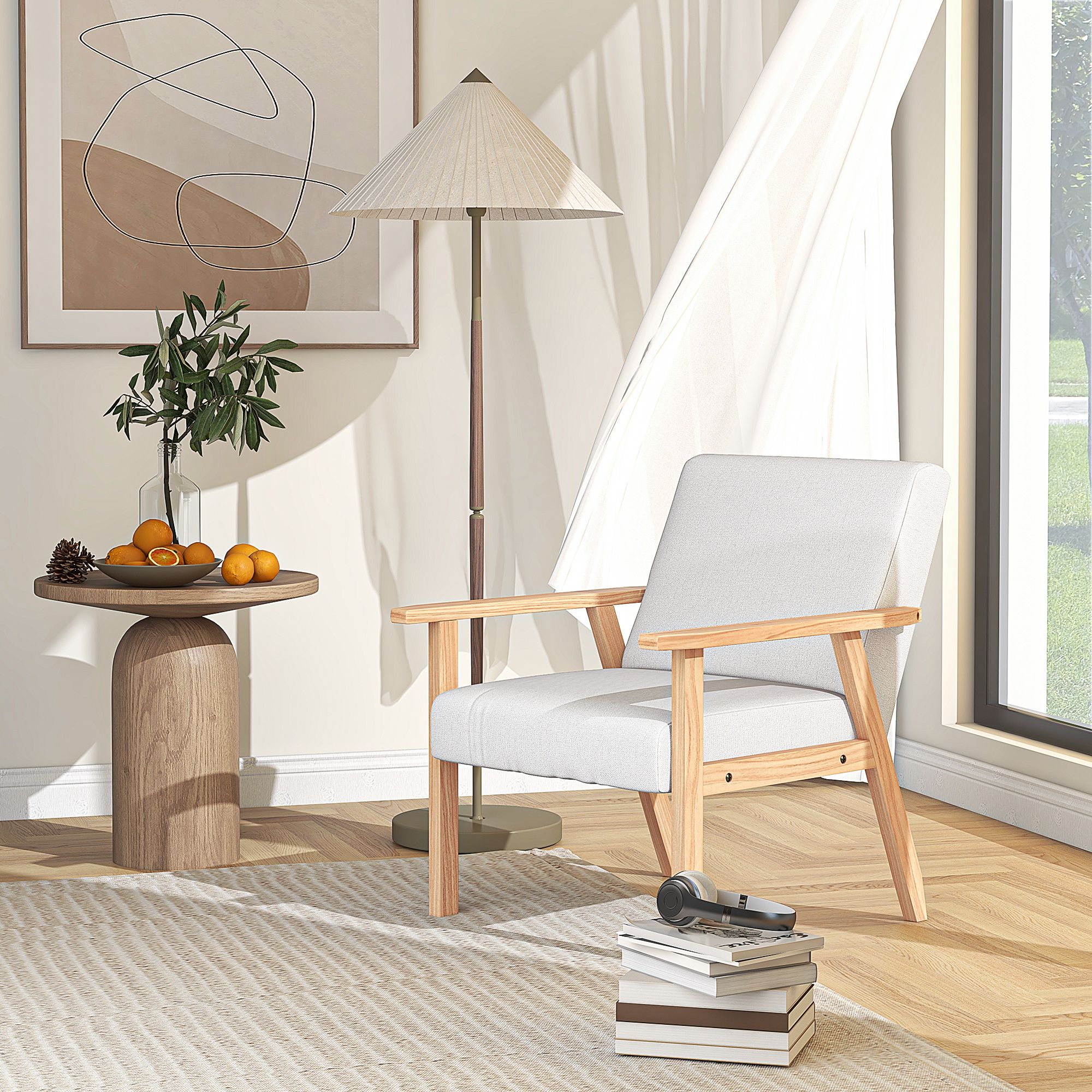 HOMCOM Accent Chair with Wood Frame Wide Seat Linen Armchair in Cream