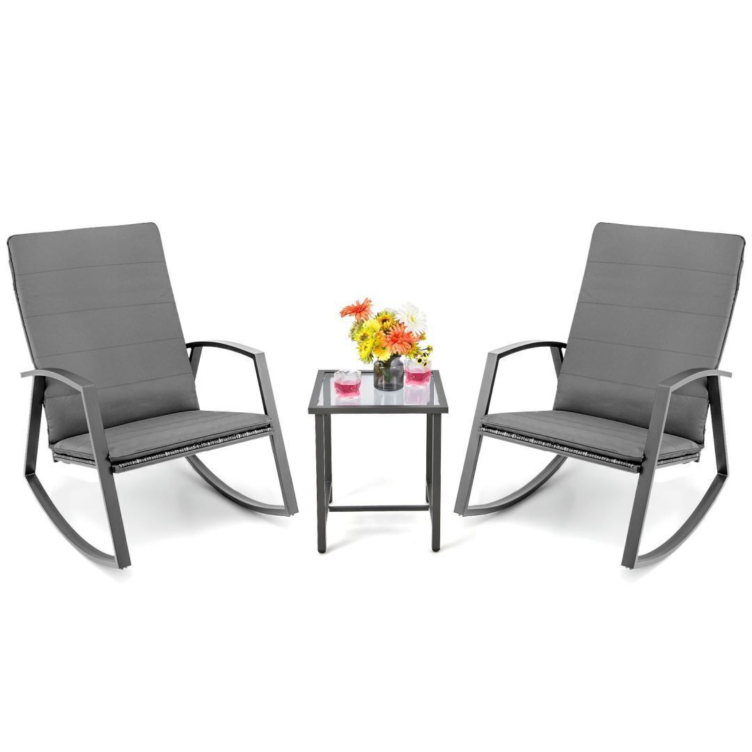 Costway 3PCS Outdoor Rattan Rocking Bistro Set Garden Patio Wicker Table & Chair Set in Grey