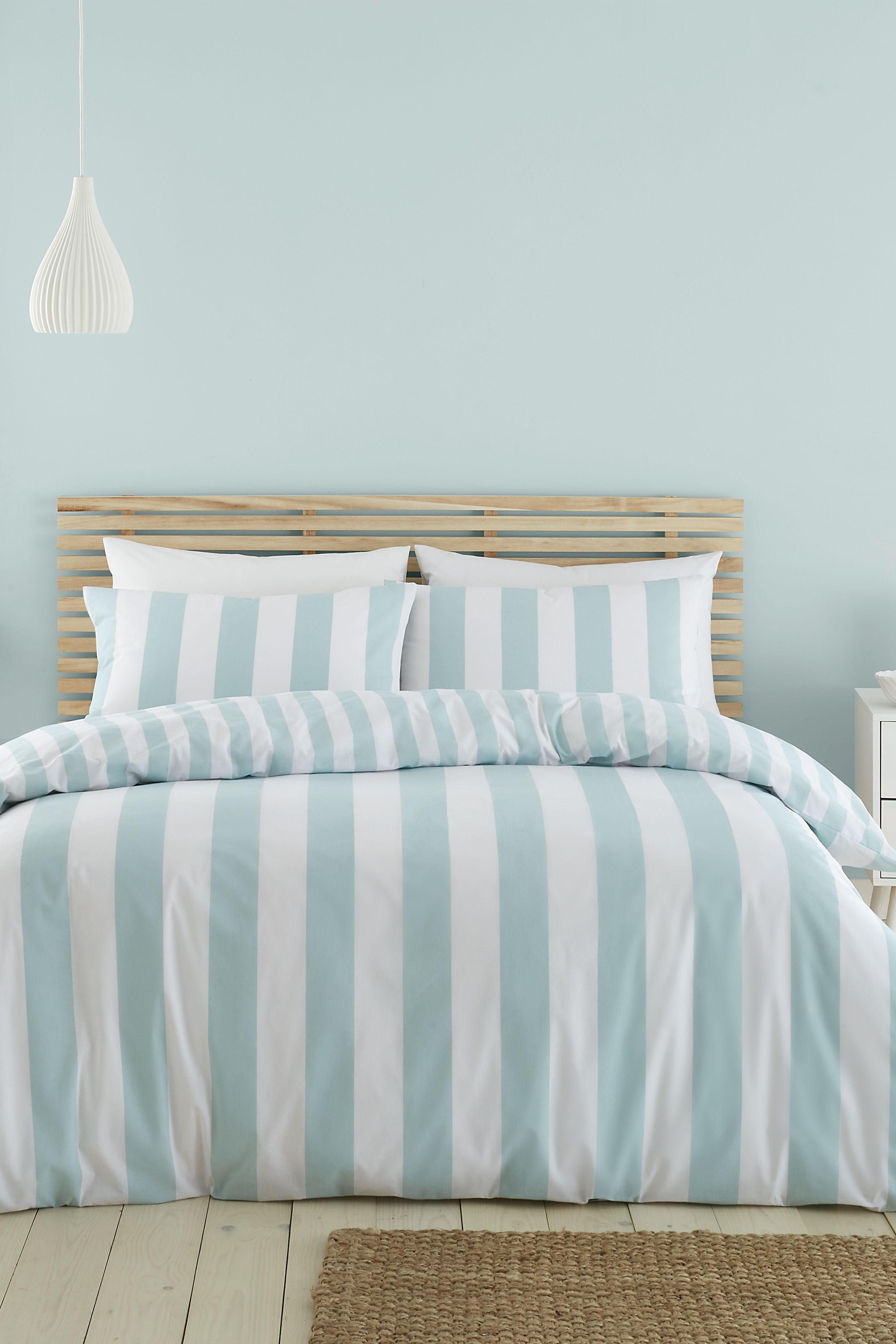 Catherine Lansfield 'Cove Stripe' Reversible Duvet Cover Set in Duck Egg Blue
