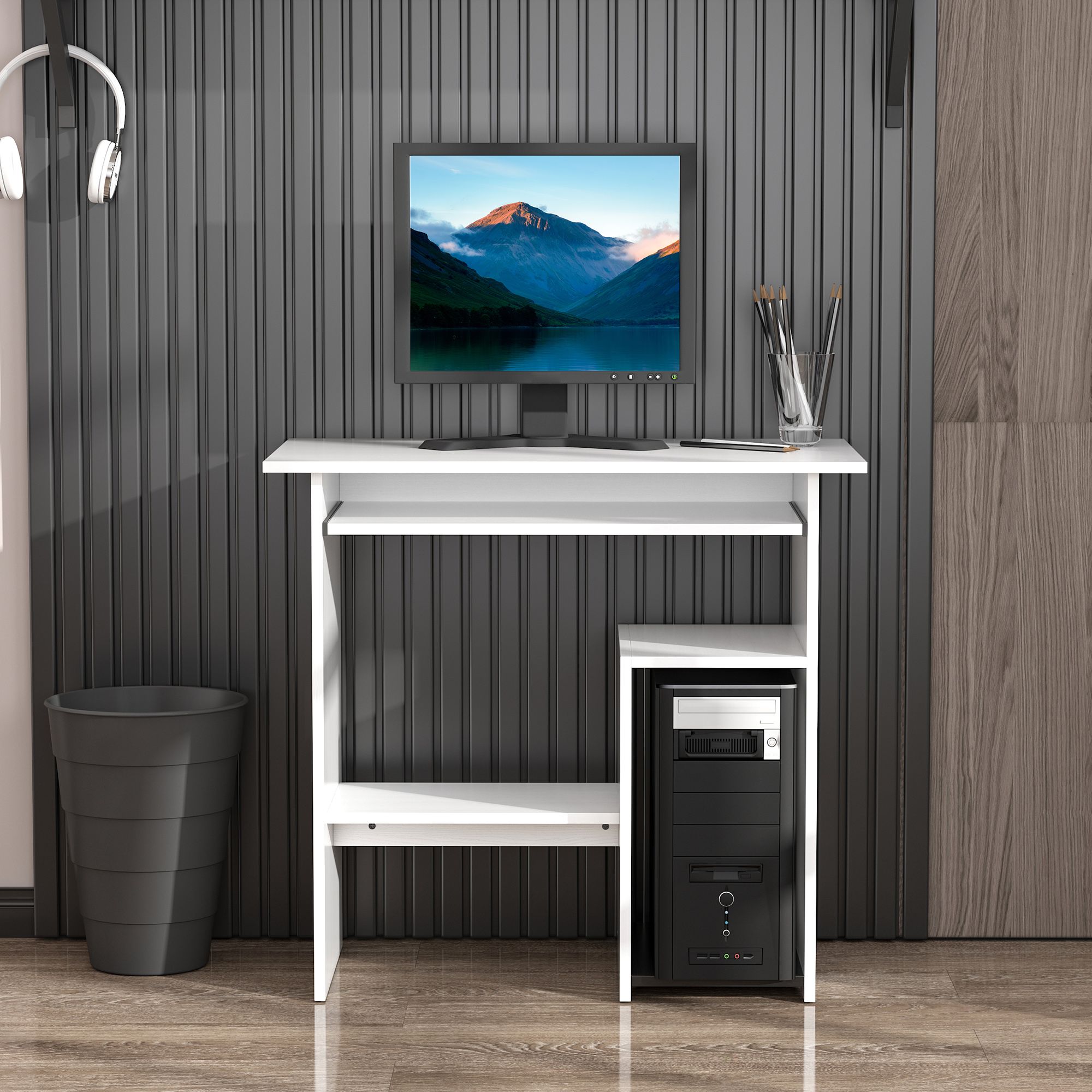 HOMCOM Compact Small Computer Table Wooden Desk Keyboard Tray Storage in White
