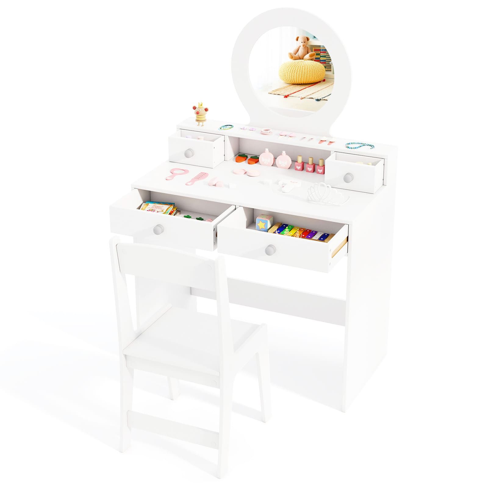 Costway Vanity Set Princess Makeup Dressing Desk & Chair w/ Mirror in White