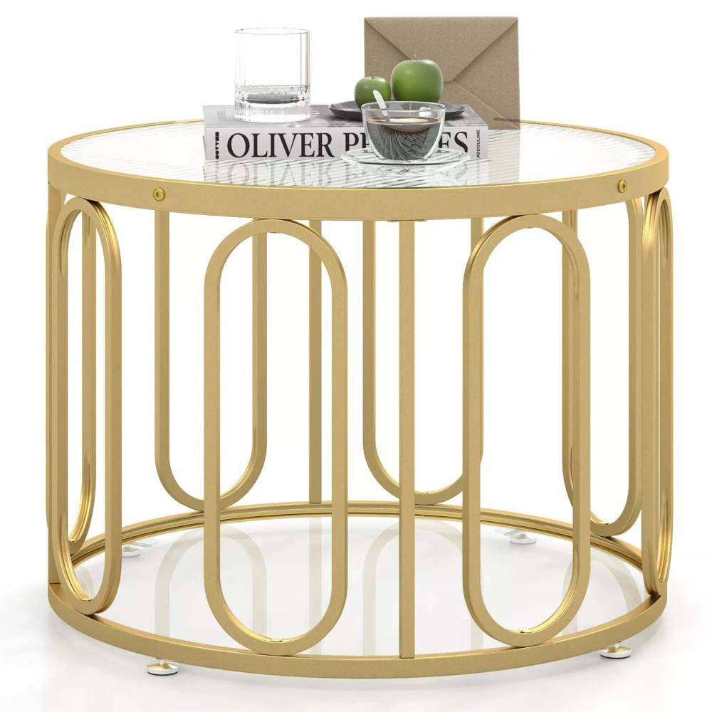 Costway 60cm Round Coffee Table 2-Tier Accent Table Modern Sofa Center Table in Gold