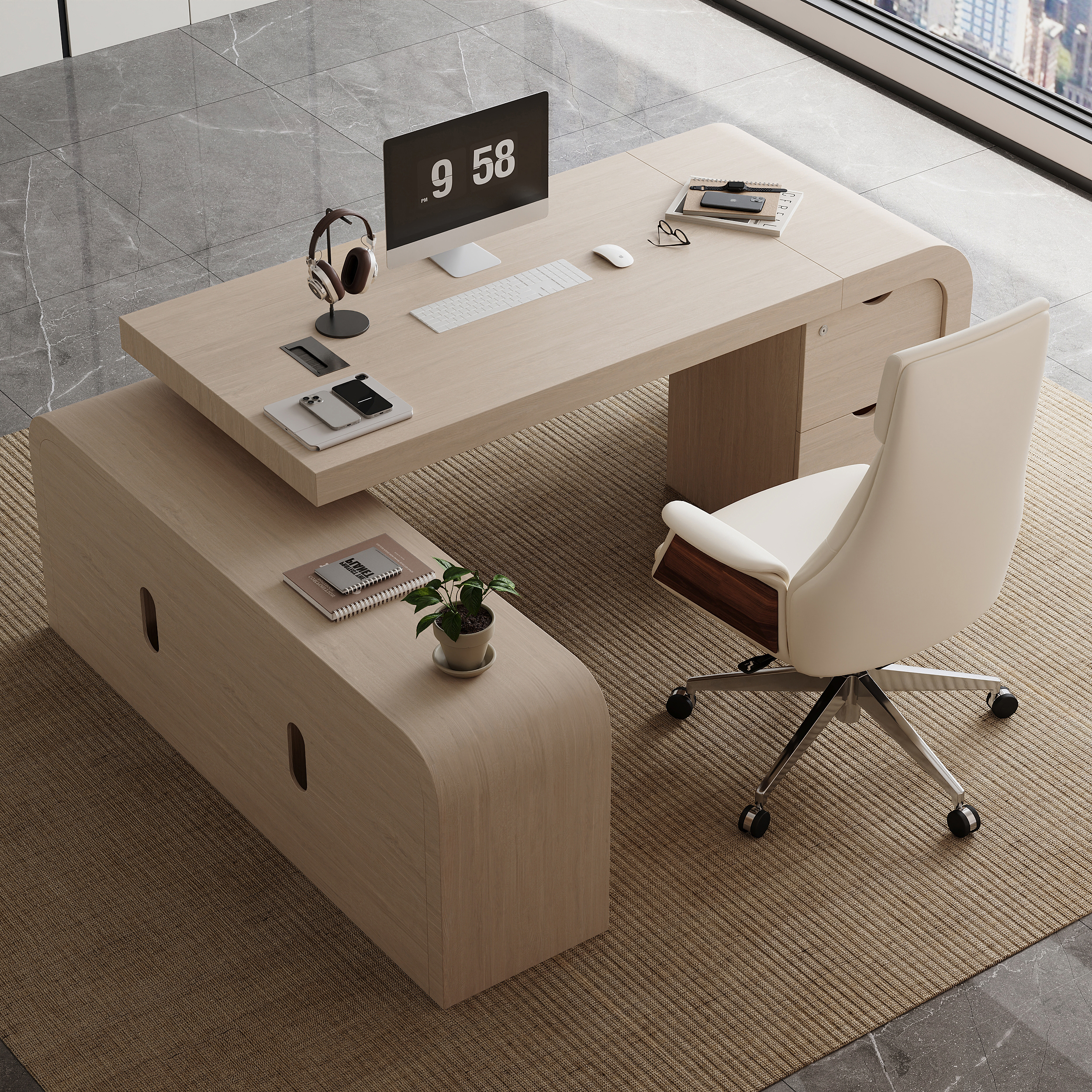 70.9" Whitewash L-shaped Executive Desk Left Hand & Reclining Leather Office Chair
