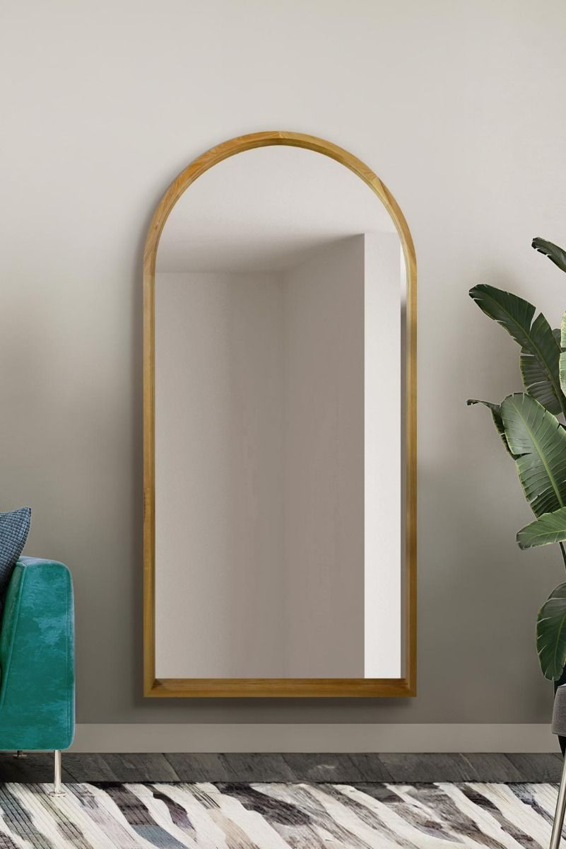 MirrorOutlet Solid Oak Framed Arched Leaner / Wall Mirror 71" X 35" (180CM X 90CM) in Beige