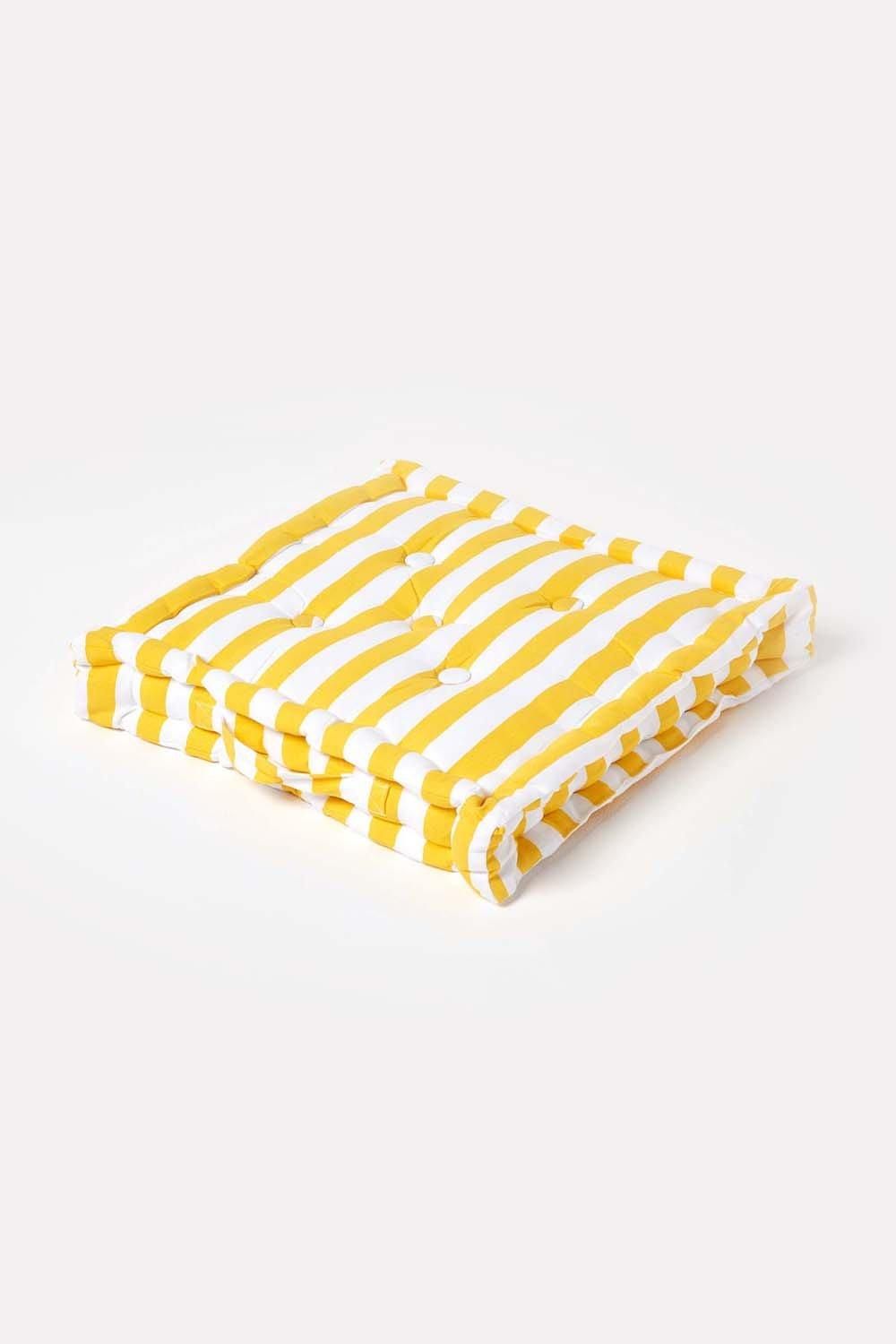 Homescapes Cotton Thick Stripe Floor Cushion in Yellow
