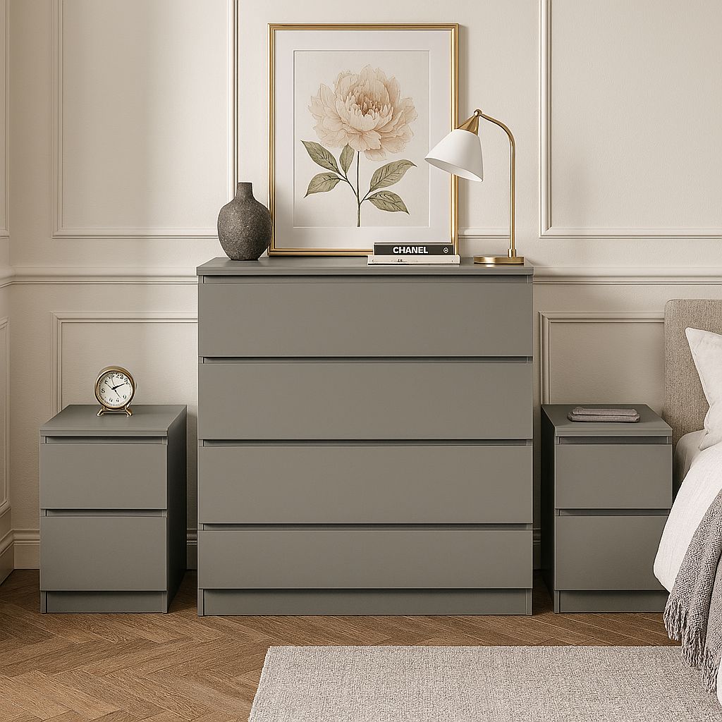 Birlea 3 Piece Furniture Set Chest of Drawers Bedside Tables Oslo in Grey