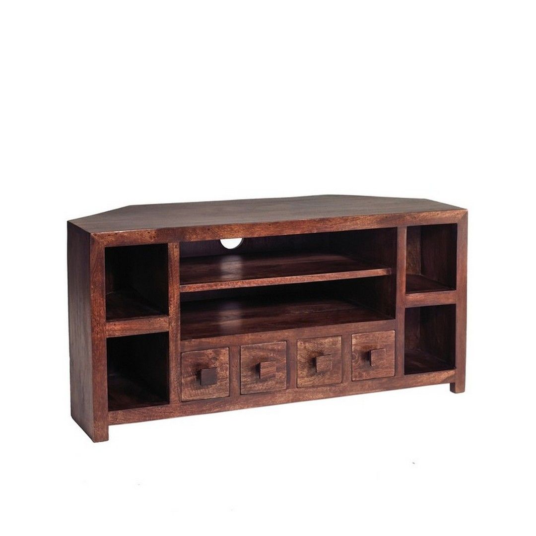 Indian Hub Toko Dark Mango Corner TV Unit - Solid Mango Wood L45 x W110 x H55 cm in Brown