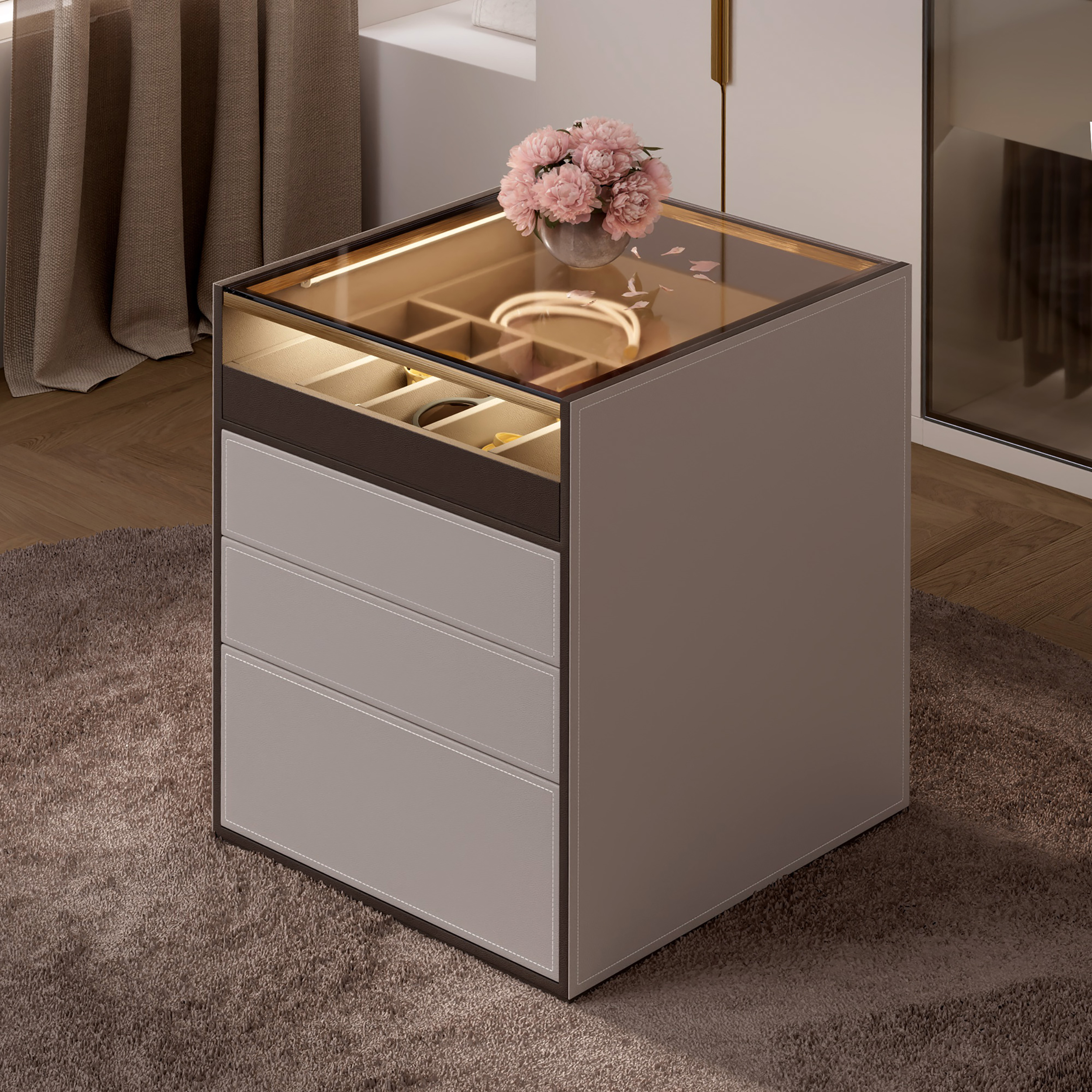 Leather Saddle 7-Drawer Walk-In Wardrobe Island with Light & Jewellery Display