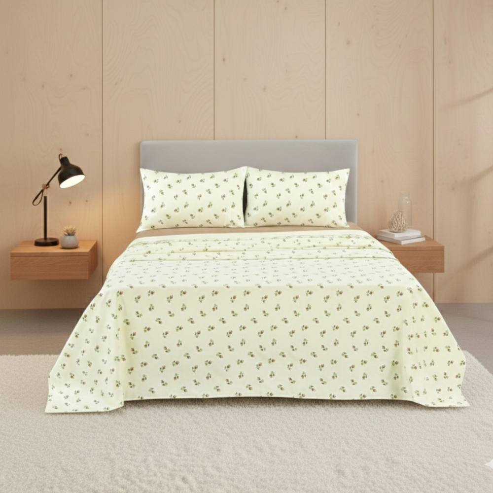 Snug City Soft Flower Print Brushed Cotton Fitted Flat Sheet Matching Pillowcase in Natural