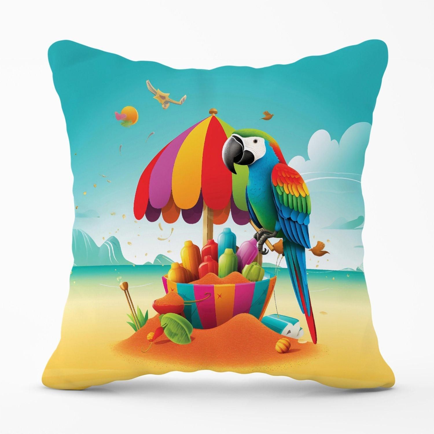 Warren Reed - Designer Parrot On A Beach Holiday Outdoor Cushion in Yellow