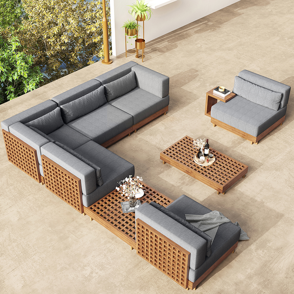 9-Pieces Teak Luxury Modular L-Shaped Garden Patio Sectional Sofa Set in Grey with Coffee Table and Cushions