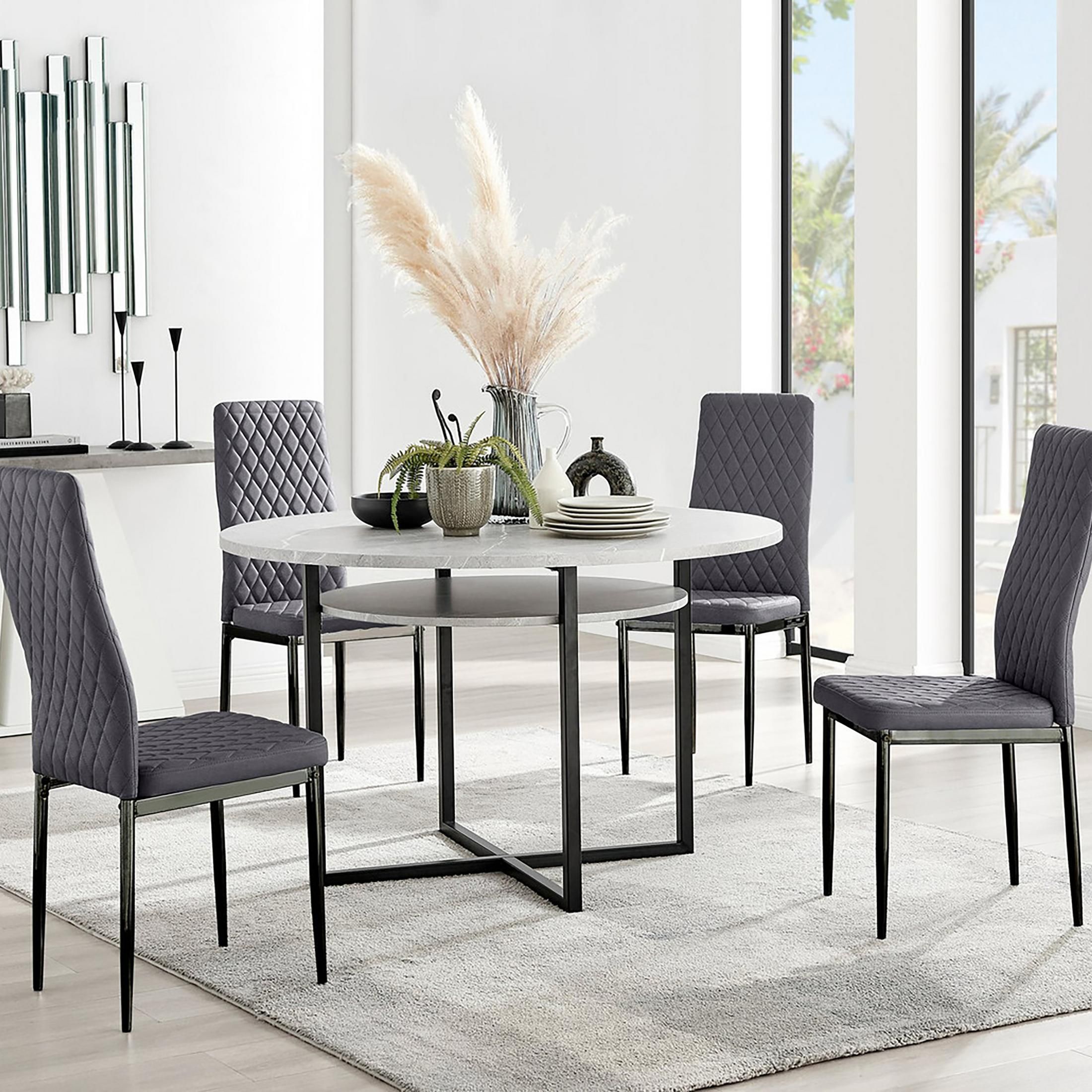 FurnitureboxUK Adley Grey Concrete Effect & Black Round Dining Table with Shelf & 4 Velvet Milan Dining Chairs