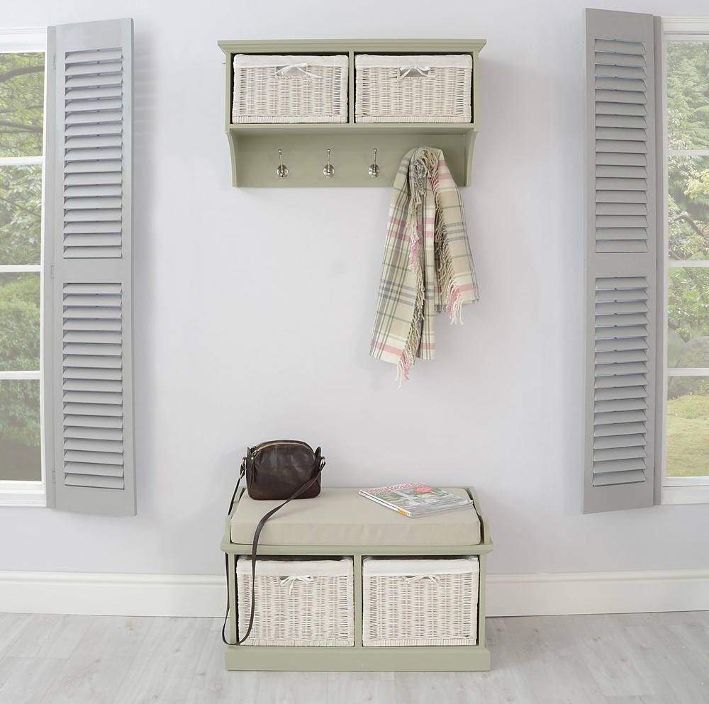 Statement Furniture Tetbury 2 White Wicker Basket & Cream Cushion Hallway Set in Light Green