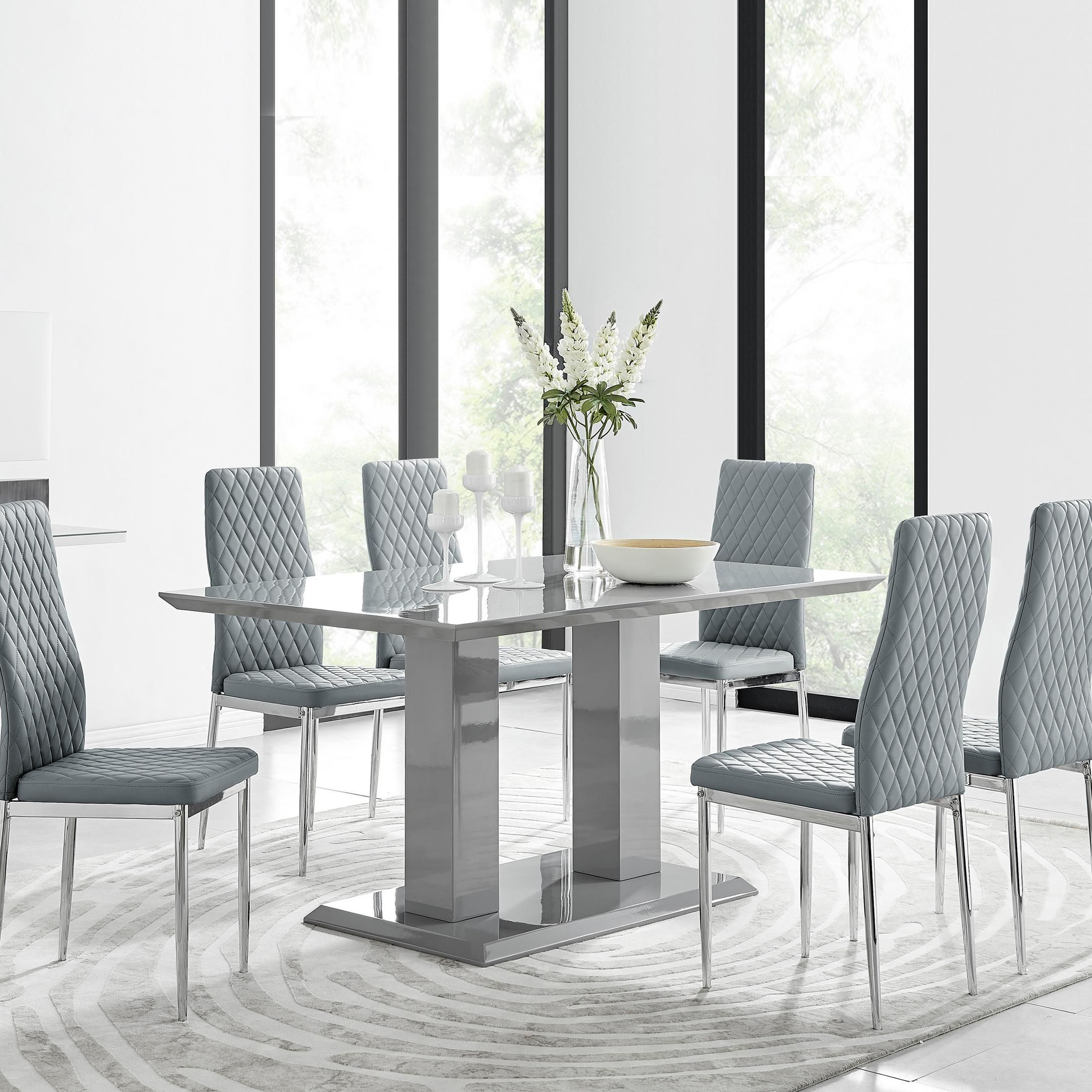 FurnitureboxUK Imperia Grey Modern High Gloss Dining Table & 6 Milan Dining Chairs Set