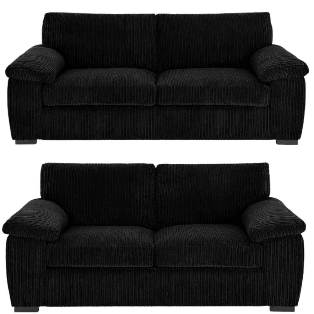 Bliss Furniture Jumbo Cord 3+2 Seater Sofa Set with Soft Cushions in Black