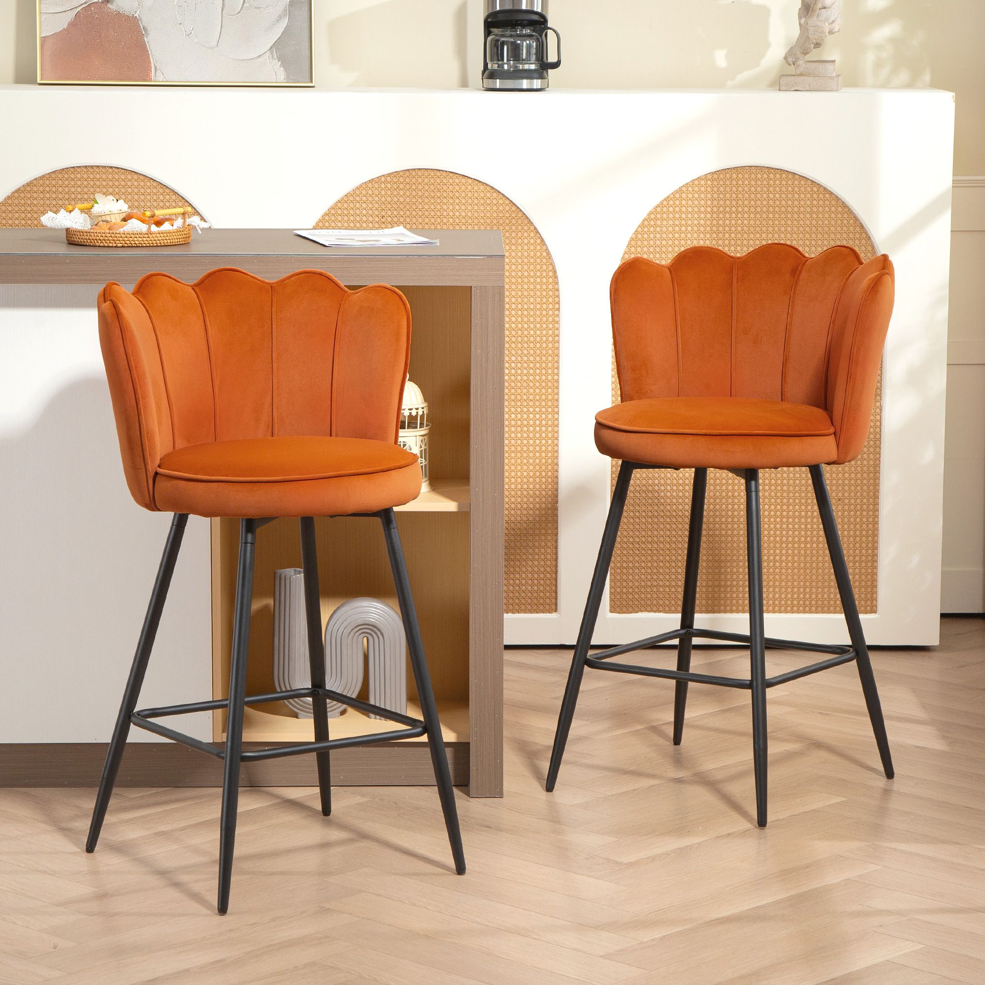 HOMCOM Set of 2 Barstools with Petal Backrest for Kitchen Island Orange