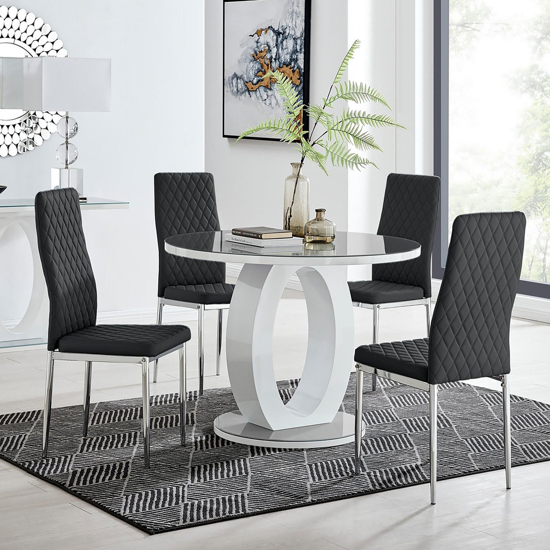 FurnitureboxUK Giovani Round 4 Seat 100cm White High Gloss Halo Base Grey Glass Top Dining Table 4 Soft Faux Leather Silver Leg Milan Chairs in Black
