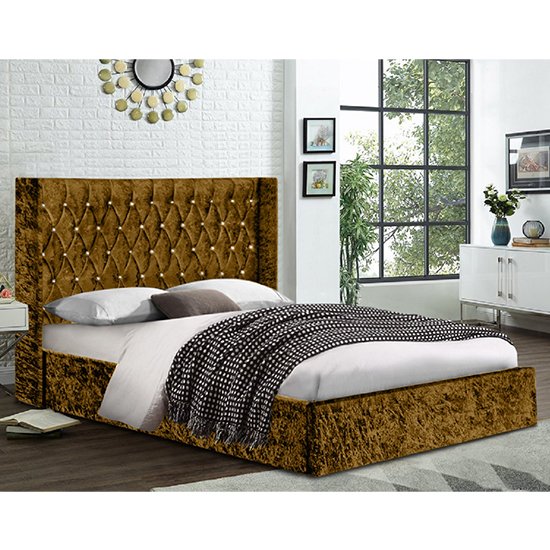 Eastlake Crushed Velvet Small Double Bed In Mustard