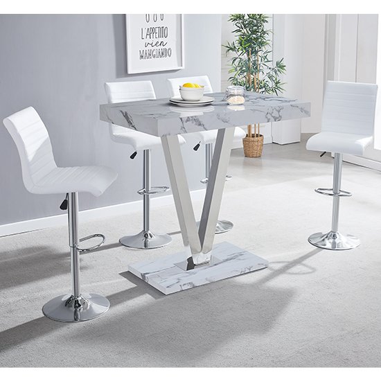 Vienna Gloss Bar Table In Diva Marble Effect 4 White Bar Stool