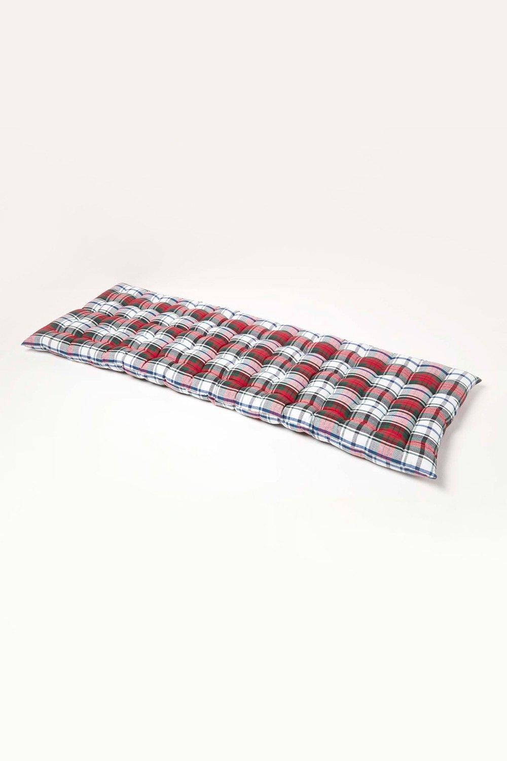 Homescapes Garden Bench Cushion Luxury 3 Seater Cotton Red Tartan Indoor Outdoor Pad