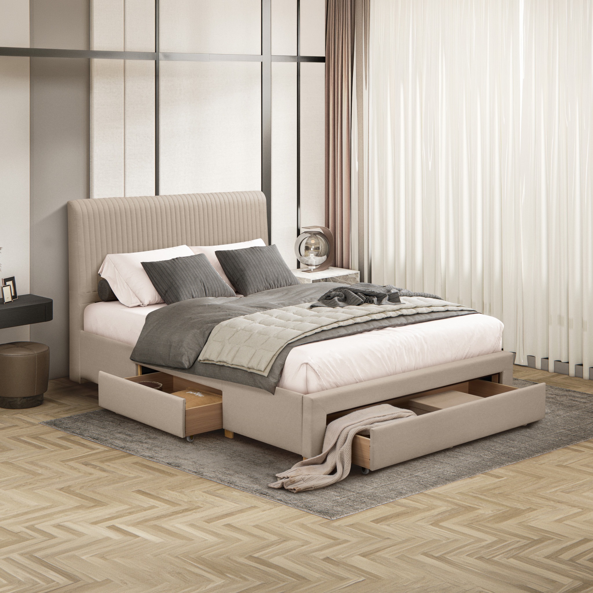 Drury - King-Size - 3 Drawer Storage Bed - Beige - Fabric - 5ft - Happy Beds