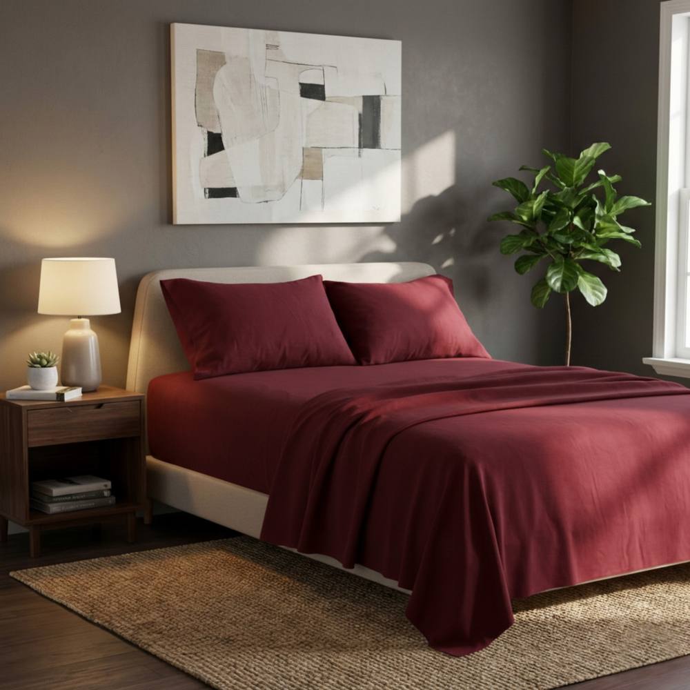 Snug City Soft Plain Brushed Cotton Fitted Flat Sheet Matching Pillowcases Set in Red