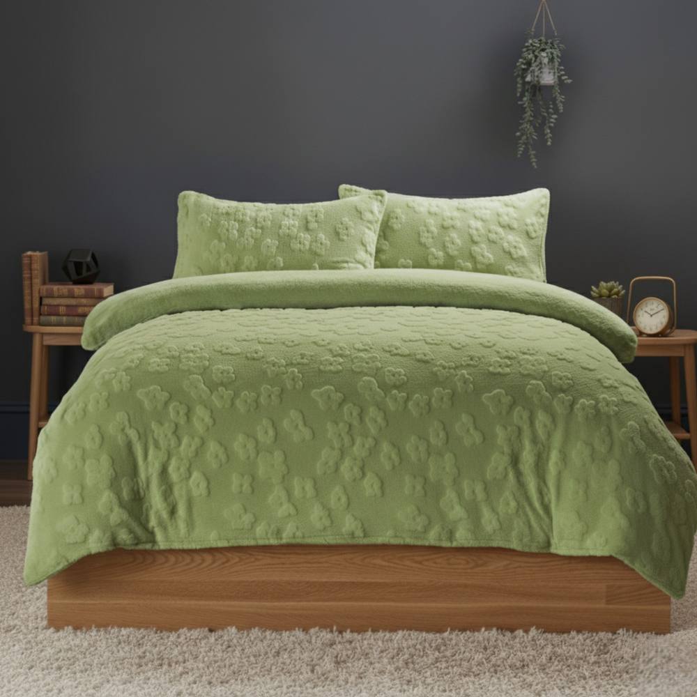 Snug City Ultra Soft Teddy Duvet Cover Set Daisy Embossed Cozy Fleece Bedding in Green