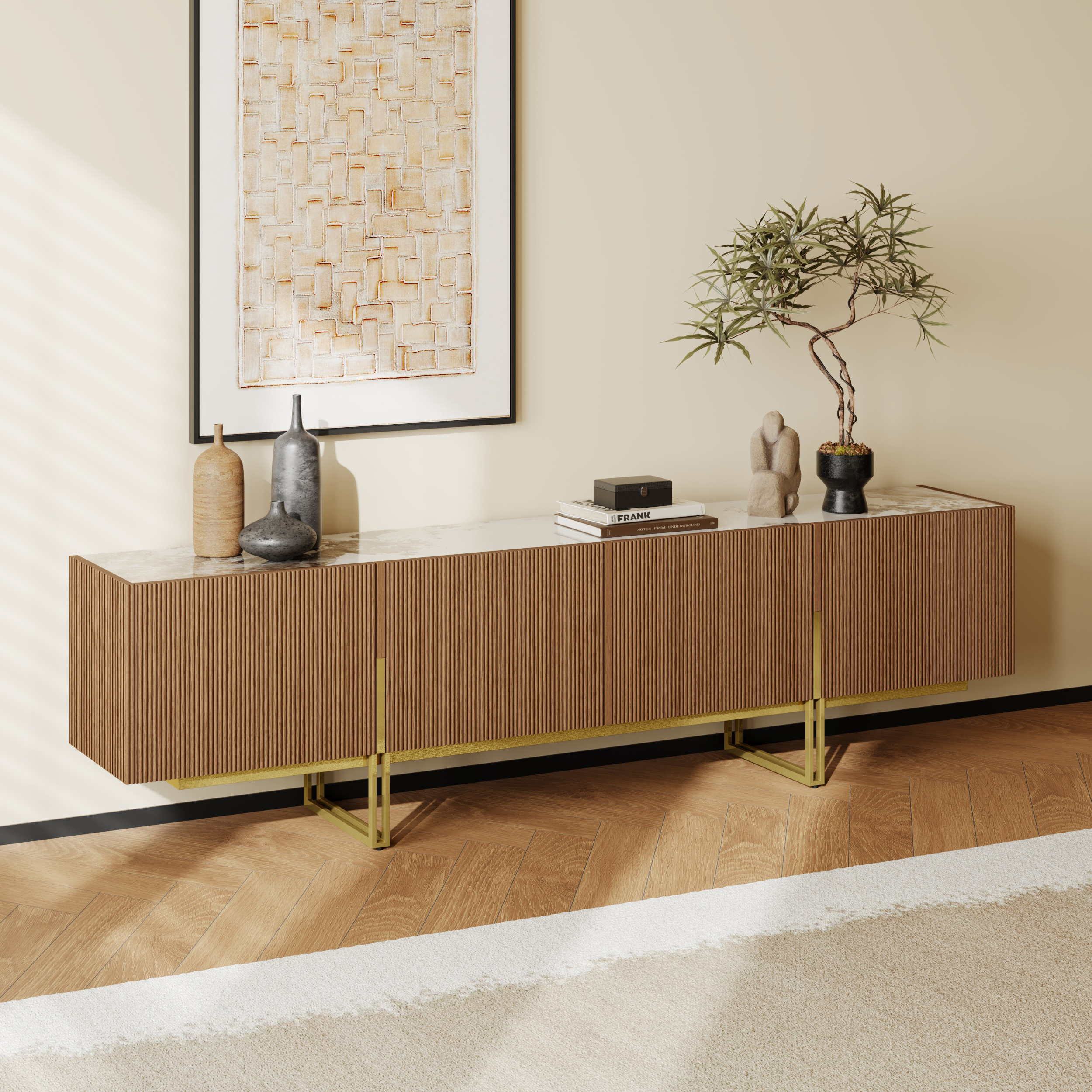 2200mm Stone Top WalnutTV Stand Minimalist Media Console with 4 Doors & 6 Shelves
