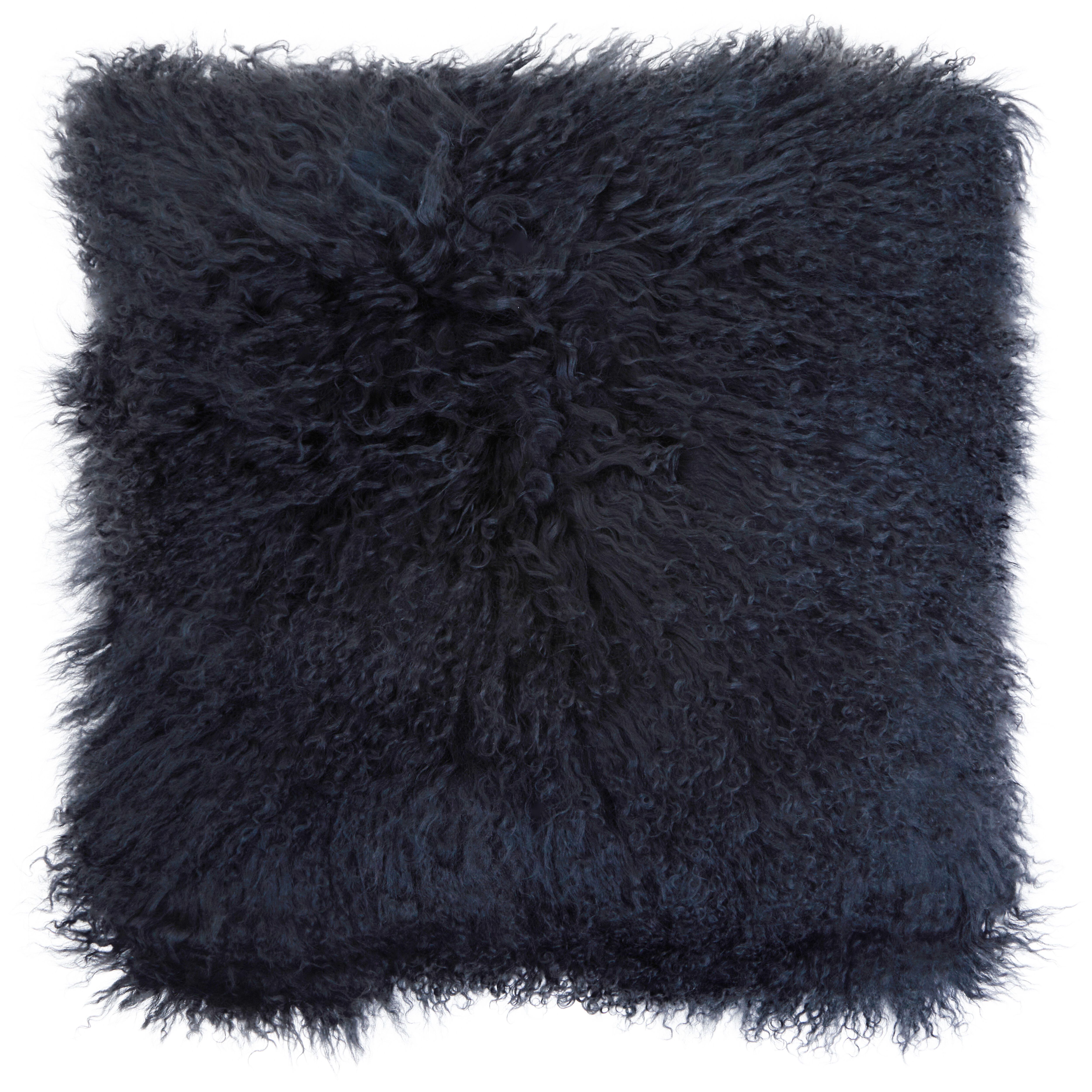 Orsina Black Mongolian Lamb Fur Square Cushion, Luxe Fluffy Textured Throw Pillow with Polyester Reverse in Navy