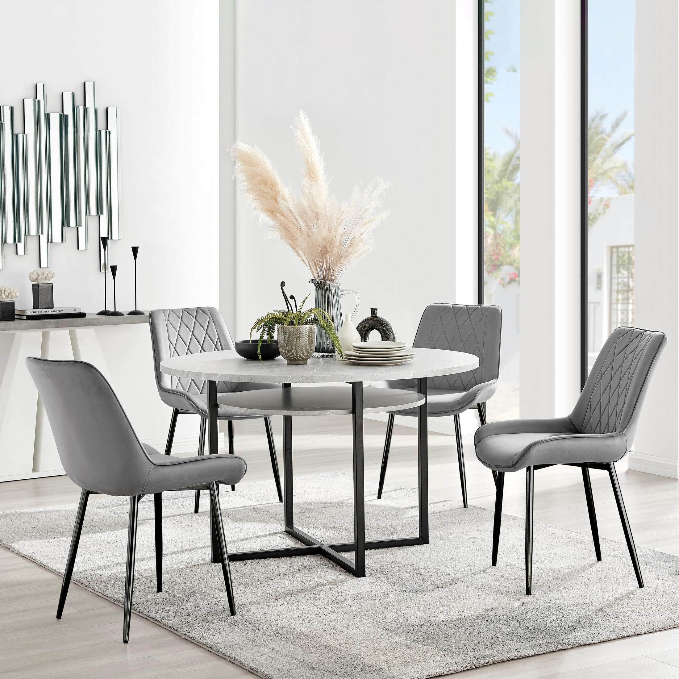 FurnitureboxUK Adley Grey Concrete Effect & Black Round Dining Table with Shelf & 4 Velvet Pesaro Dining Chairs