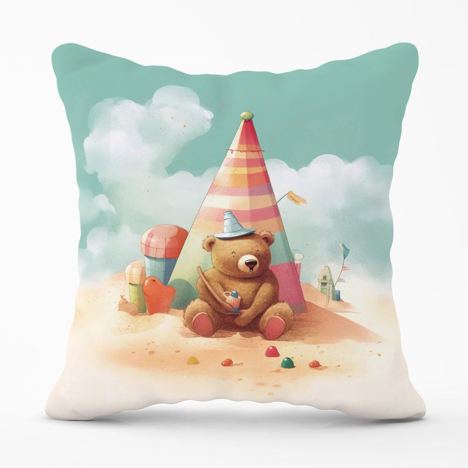 Warren Reed - Designer A Bear On A Beach Holiday Outdoor Cushion in Yellow