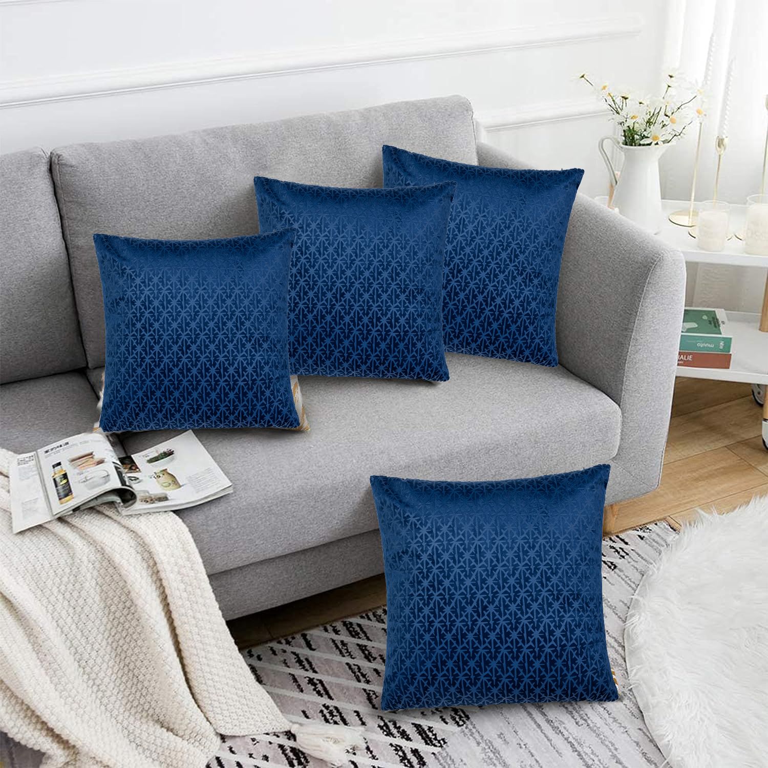 Luxury Living Luxurious Textured Velvet Cushions Set of 4 - Soft Plush Fibre Pads, Vibrant Colours for Sofa & Bed Décor in Navy