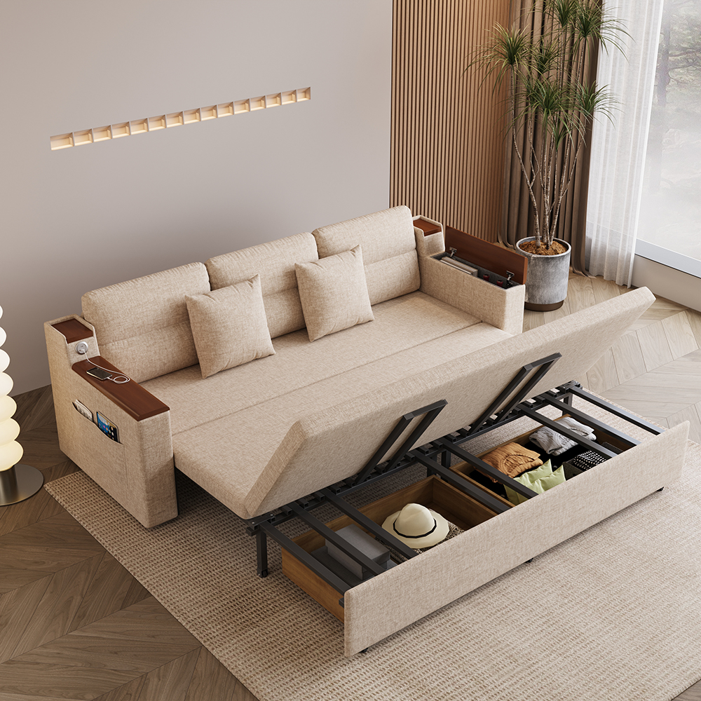 2108 cm Linen Convertible Sofa Bed Beige Full Sleeper Sofa with Storage and Side Pockets