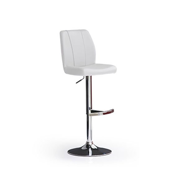 Naomi White Bar Stool In Faux Leather With Round Chrome Base