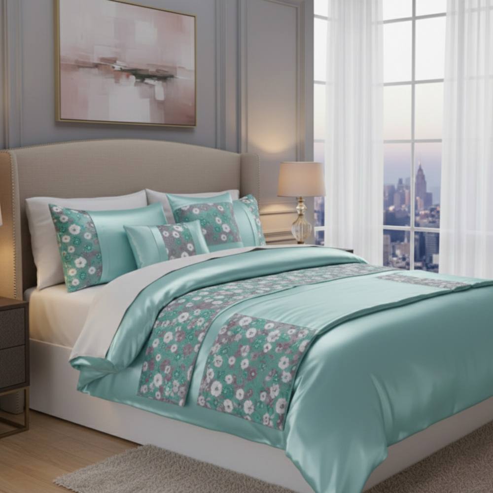 Snug City Embroidery Duvet Cover Set Luxury Bedding with Matching Pillowcases in Blue